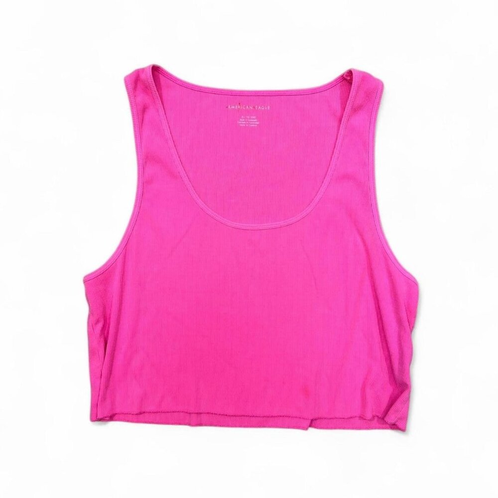 American Eagle Bright Pink Ribbed Tank Top Cropped Loose Boxy XL